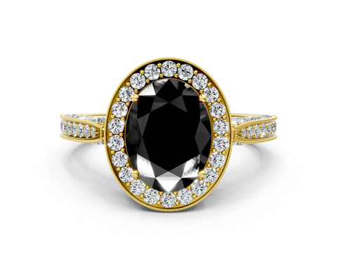 Yellow gold Fancy Black Oval Cut Halo Diamond Engagement Ring with Split Shank Band and Four-Prong Setting