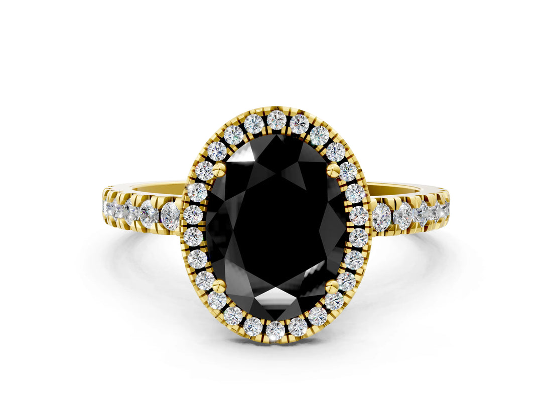 Yellow gold Fancy Black Oval Cut Halo Diamond Pave Band with Prong Setting