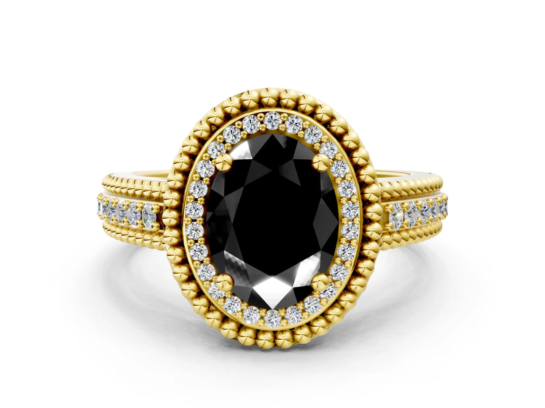 Yellow gold Fancy Black Oval Cut Halo Diamond Ring with Beaded Split Shank and Four-Prong Setting