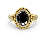 Yellow gold Fancy Black Oval Cut Halo Diamond Ring with Beaded Split Shank and Four-Prong Setting