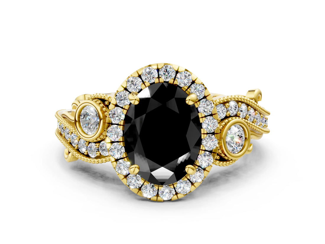 Yellow gold Fancy Black Oval Cut Halo Diamond Ring with Milgrain and Bezel Accents on a Split Shank Band_12
