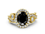 Yellow gold Fancy Black Oval Cut Halo Diamond Ring with Milgrain and Bezel Accents on a Split Shank Band_12