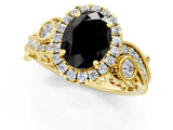 Yellow gold Fancy Black Oval Cut Halo Diamond Ring with Milgrain and Bezel Accents on a Split Shank Band_13