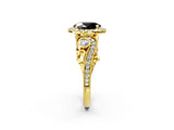 Yellow gold Fancy Black Oval Cut Halo Diamond Ring with Milgrain and Bezel Accents on a Split Shank Band_14