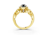Yellow gold Fancy Black Oval Cut Halo Diamond Ring with Milgrain and Bezel Accents on a Split Shank Band_15