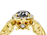 Yellow gold Fancy Black Oval Cut Halo Diamond Ring with Milgrain and Bezel Accents on a Split Shank Band_16