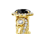 Yellow gold Fancy Black Oval Cut Halo Diamond Ring with Milgrain and Bezel Accents on a Split Shank Band_17