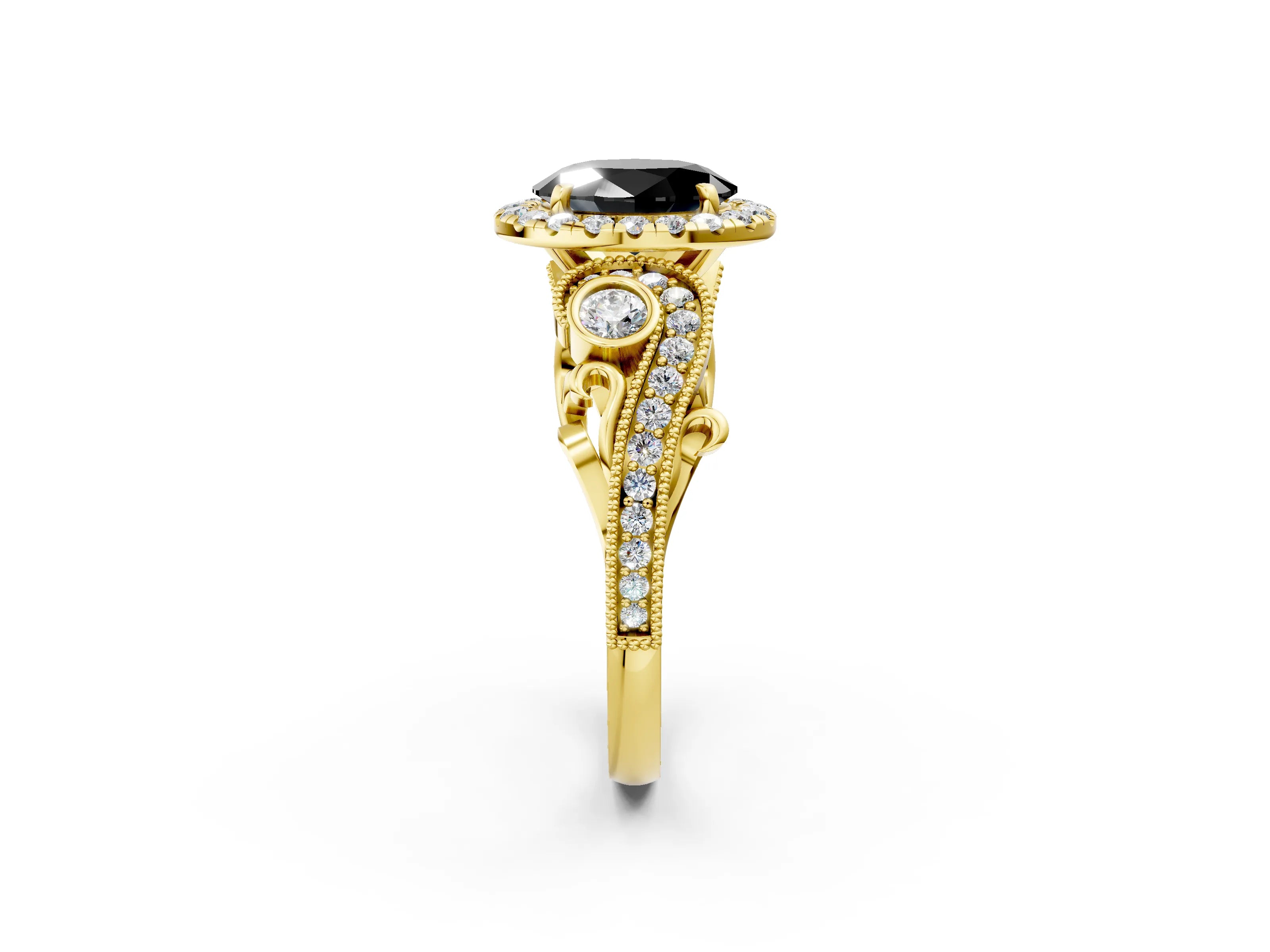 Yellow gold Fancy Black Oval Cut Halo Diamond Ring with Milgrain and Bezel Accents on a Split Shank Band_2