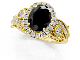 Yellow gold Fancy Black Oval Cut Halo Diamond Ring with Milgrain and Bezel Accents on a Split Shank Band_25
