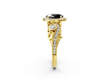 Yellow gold Fancy Black Oval Cut Halo Diamond Ring with Milgrain and Bezel Accents on a Split Shank Band_26