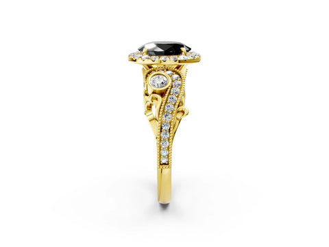 Yellow gold Fancy Black Oval Cut Halo Diamond Ring with Milgrain and Bezel Accents on a Split Shank Band_2