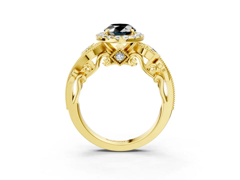 Yellow gold Fancy Black Oval Cut Halo Diamond Ring with Milgrain and Bezel Accents on a Split Shank Band_3