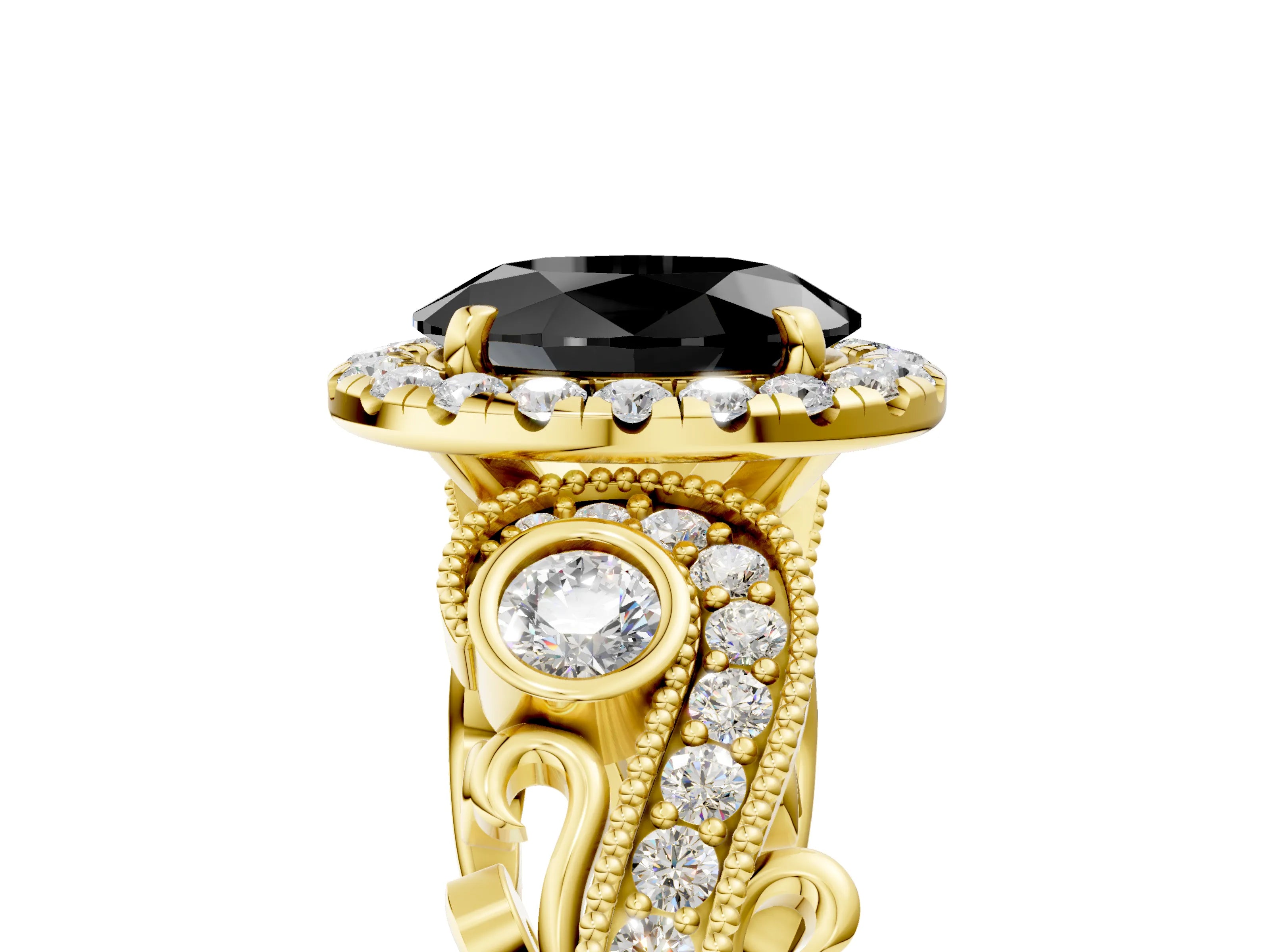 Yellow gold Fancy Black Oval Cut Halo Diamond Ring with Milgrain and Bezel Accents on a Split Shank Band_5