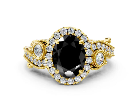 Yellow gold Fancy Black Oval Cut Halo Diamond Ring with Milgrain and Bezel Accents on a Split Shank Band