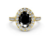 Yellow gold Fancy Black Oval Cut Halo Diamond Ring with Pavé Band and Three-Prong Setting