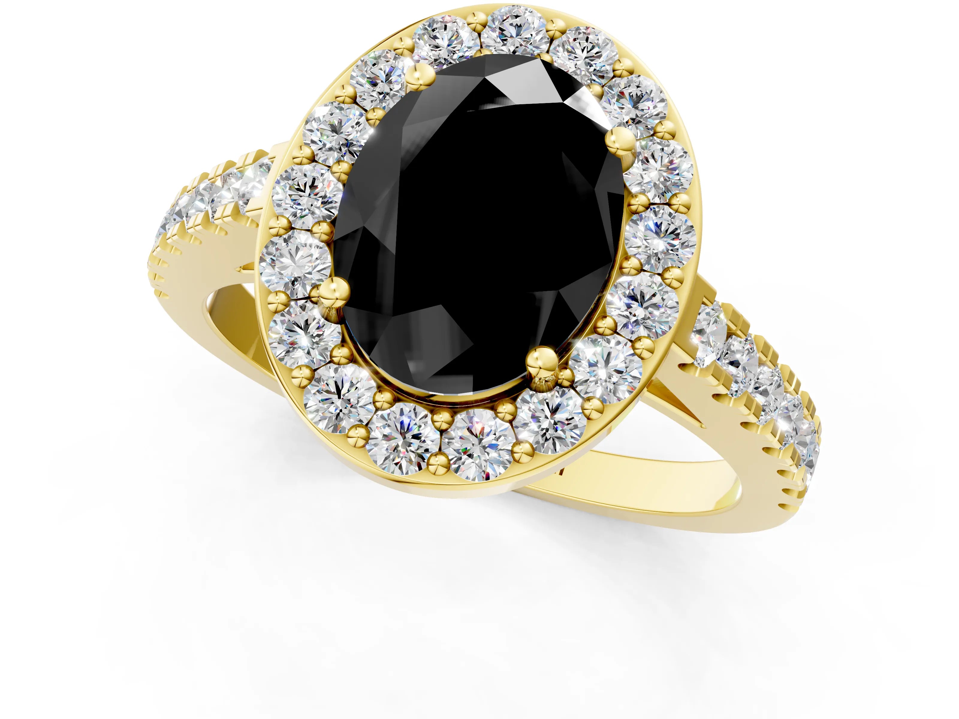 Yellow gold Fancy Black Oval Cut Halo Diamond Ring with Pavé Band and Three-Prong Setting_1