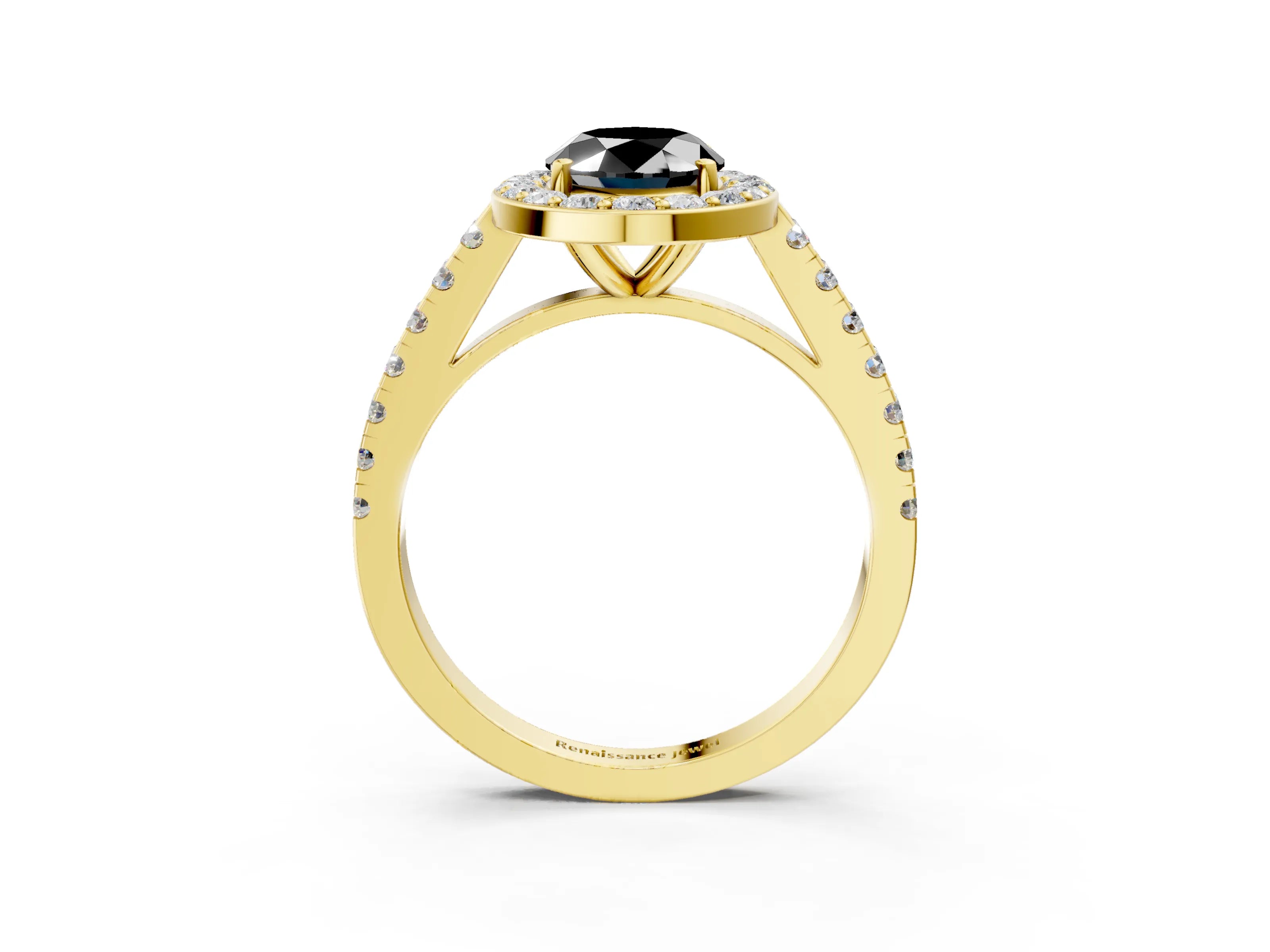 Yellow gold Fancy Black Oval Cut Halo Diamond Ring with Pavé Band and Three-Prong Setting_3