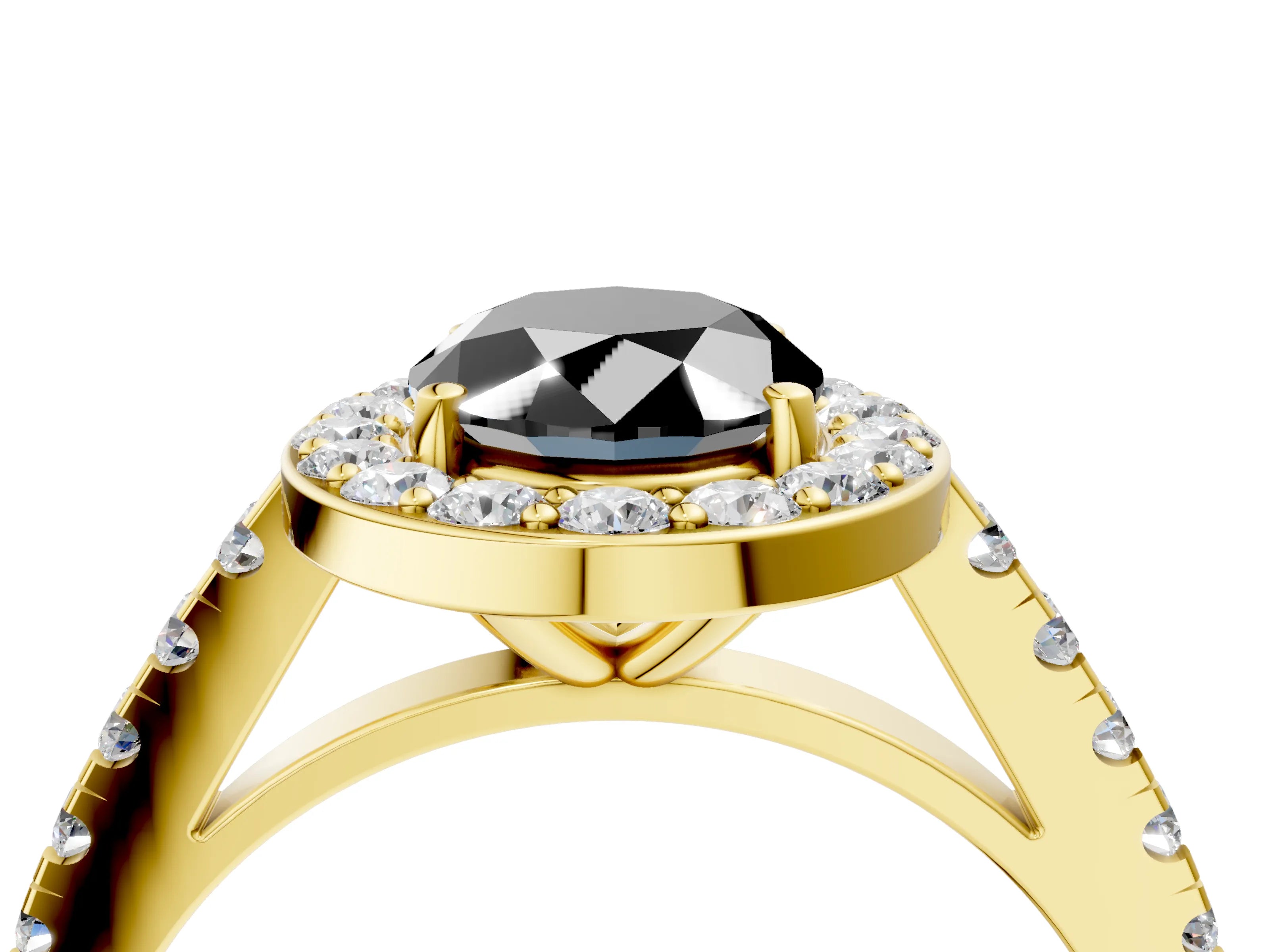 Yellow gold Fancy Black Oval Cut Halo Diamond Ring with Pavé Band and Three-Prong Setting_4