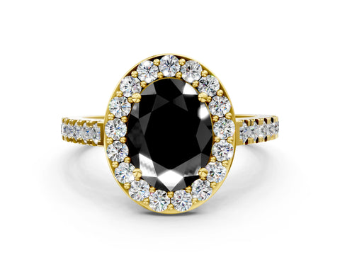 Yellow gold Fancy Black Oval Cut Halo Diamond Ring with Pavé Band and Three-Prong Setting