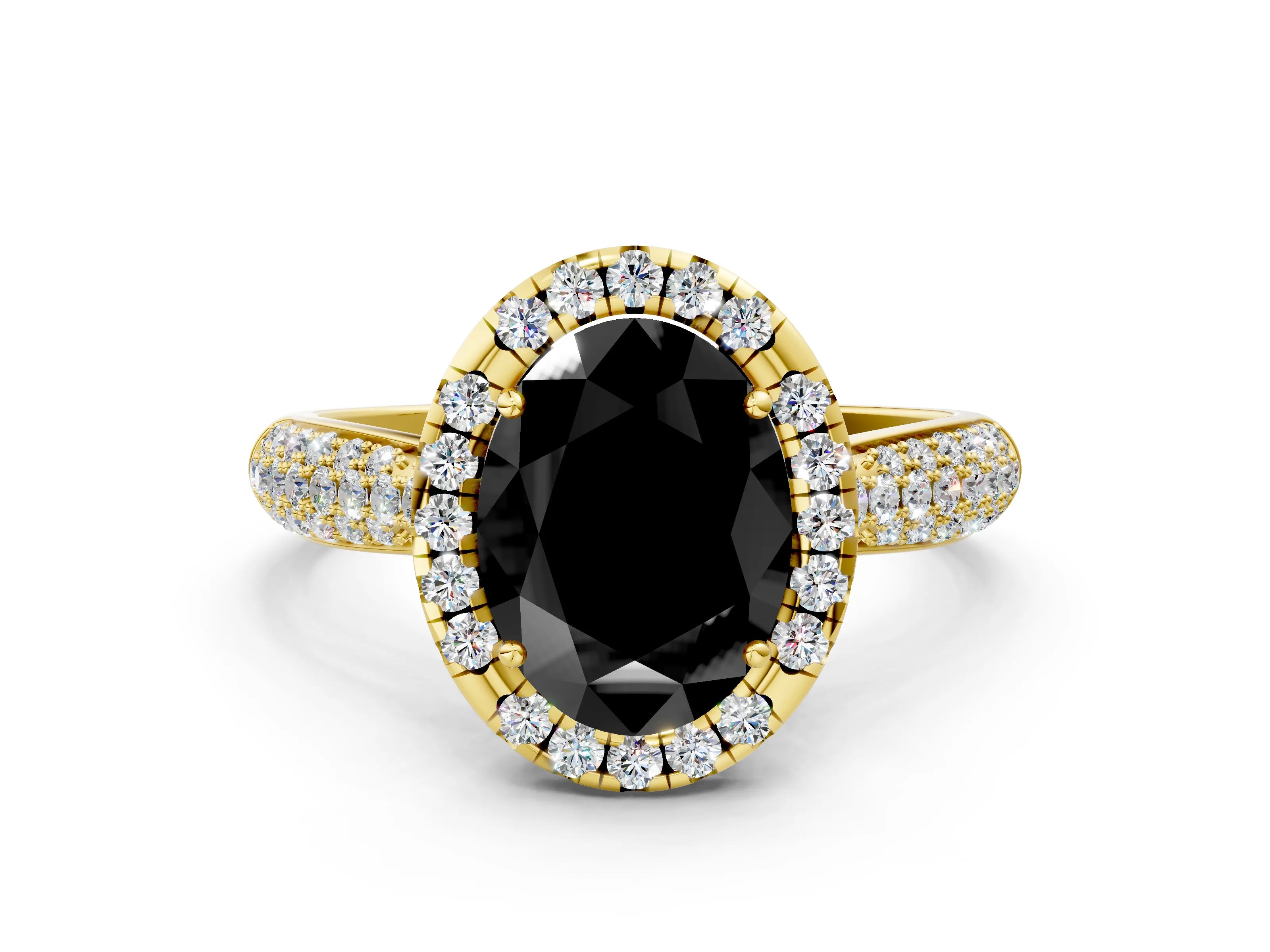 Yellow gold Fancy Black Oval Cut Halo Diamond Ring with Pavé Band