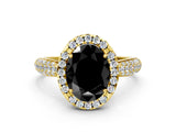 Yellow gold Fancy Black Oval Cut Halo Diamond Ring with Pavé Band