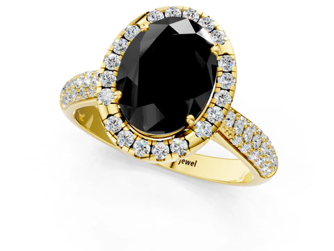 Yellow gold Fancy Black Oval Cut Halo Diamond Ring with Pavé Band_1