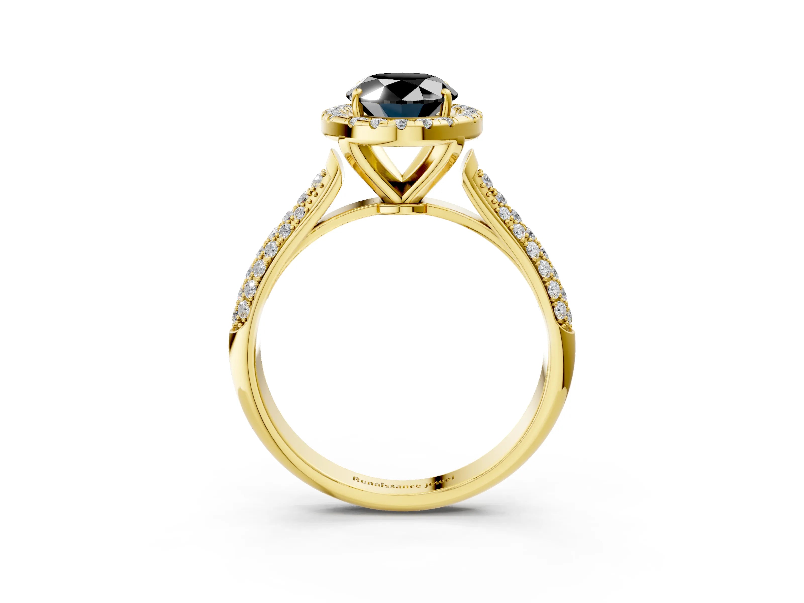 Yellow gold Fancy Black Oval Cut Halo Diamond Ring with Pavé Band_3