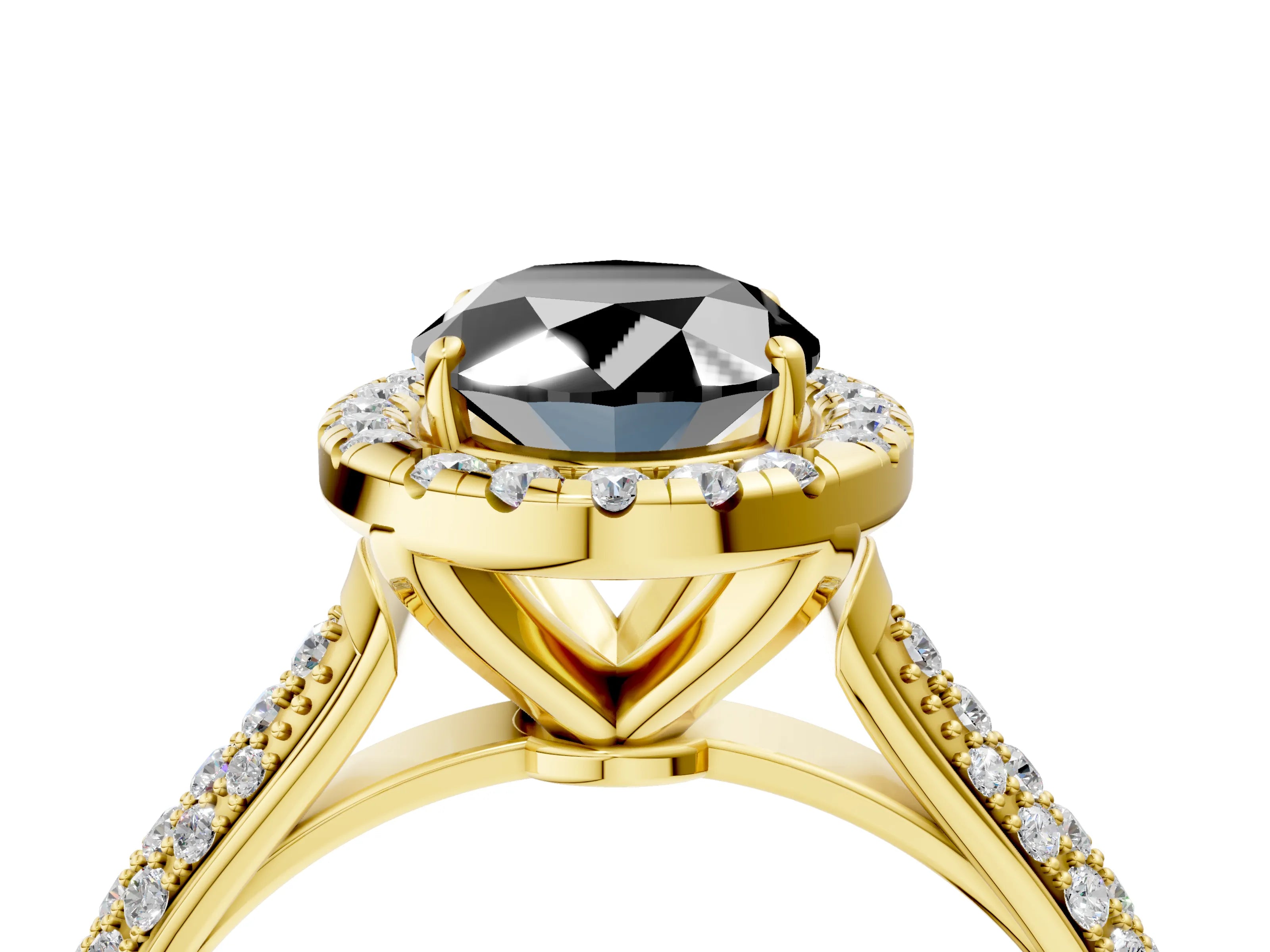 Yellow gold Fancy Black Oval Cut Halo Diamond Ring with Pavé Band_4