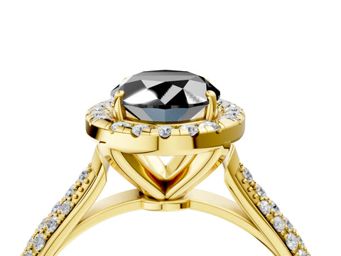 Yellow gold Fancy Black Oval Cut Halo Diamond Ring with Pavé Band_4