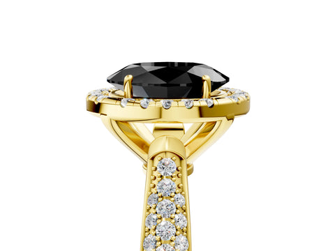 Yellow gold Fancy Black Oval Cut Halo Diamond Ring with Pavé Band_5