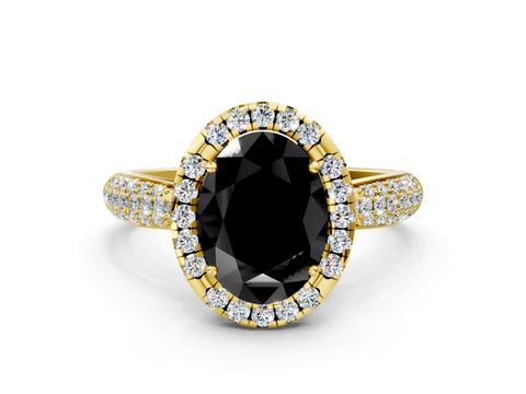 Yellow gold Fancy Black Oval Cut Halo Diamond Ring with Pavé Band