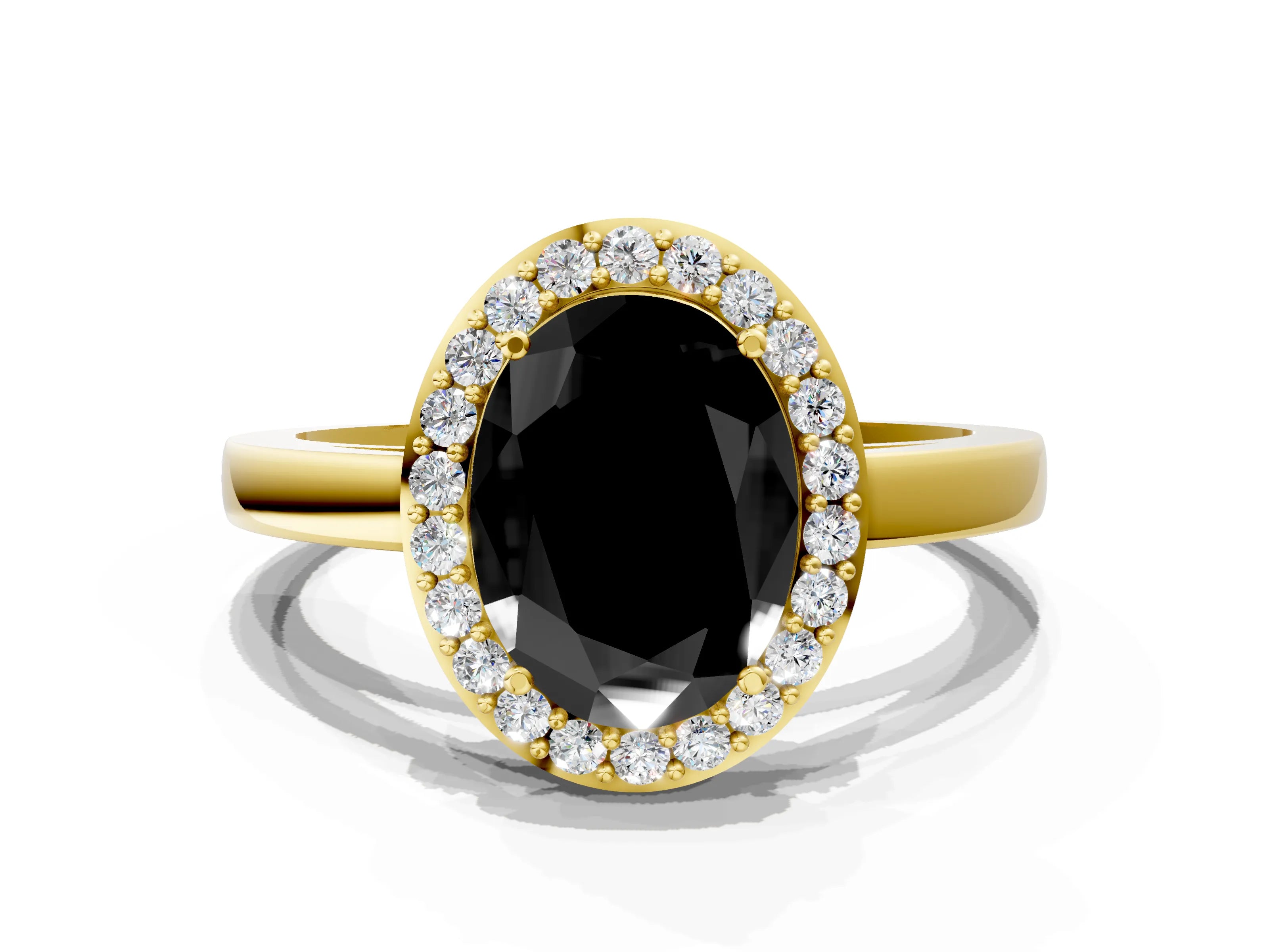 Yellow gold Fancy Black Oval Cut Halo Diamond Ring with Solitaire Band and Prong Setting
