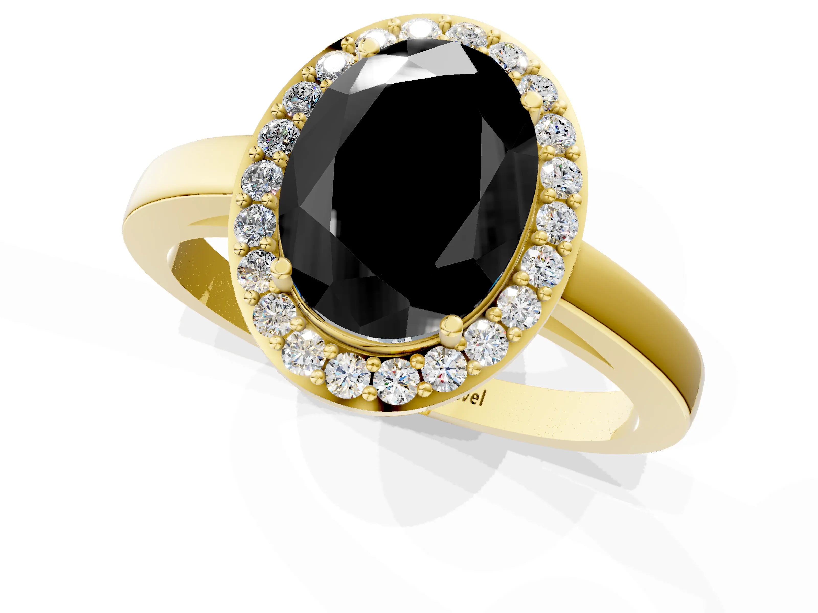 Yellow gold Fancy Black Oval Cut Halo Diamond Ring with Solitaire Band and Prong Setting_1