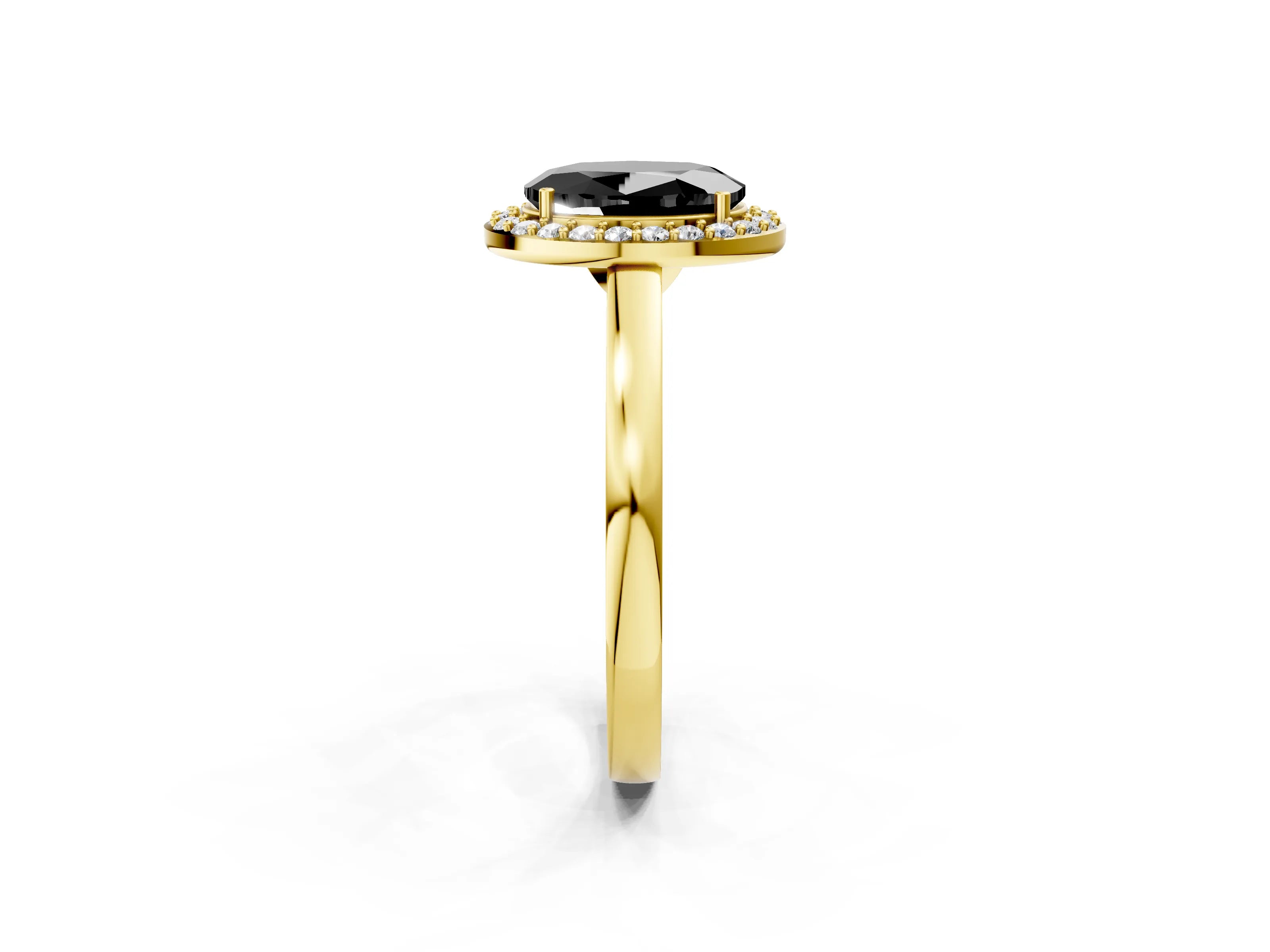 Yellow gold Fancy Black Oval Cut Halo Diamond Ring with Solitaire Band and Prong Setting_2