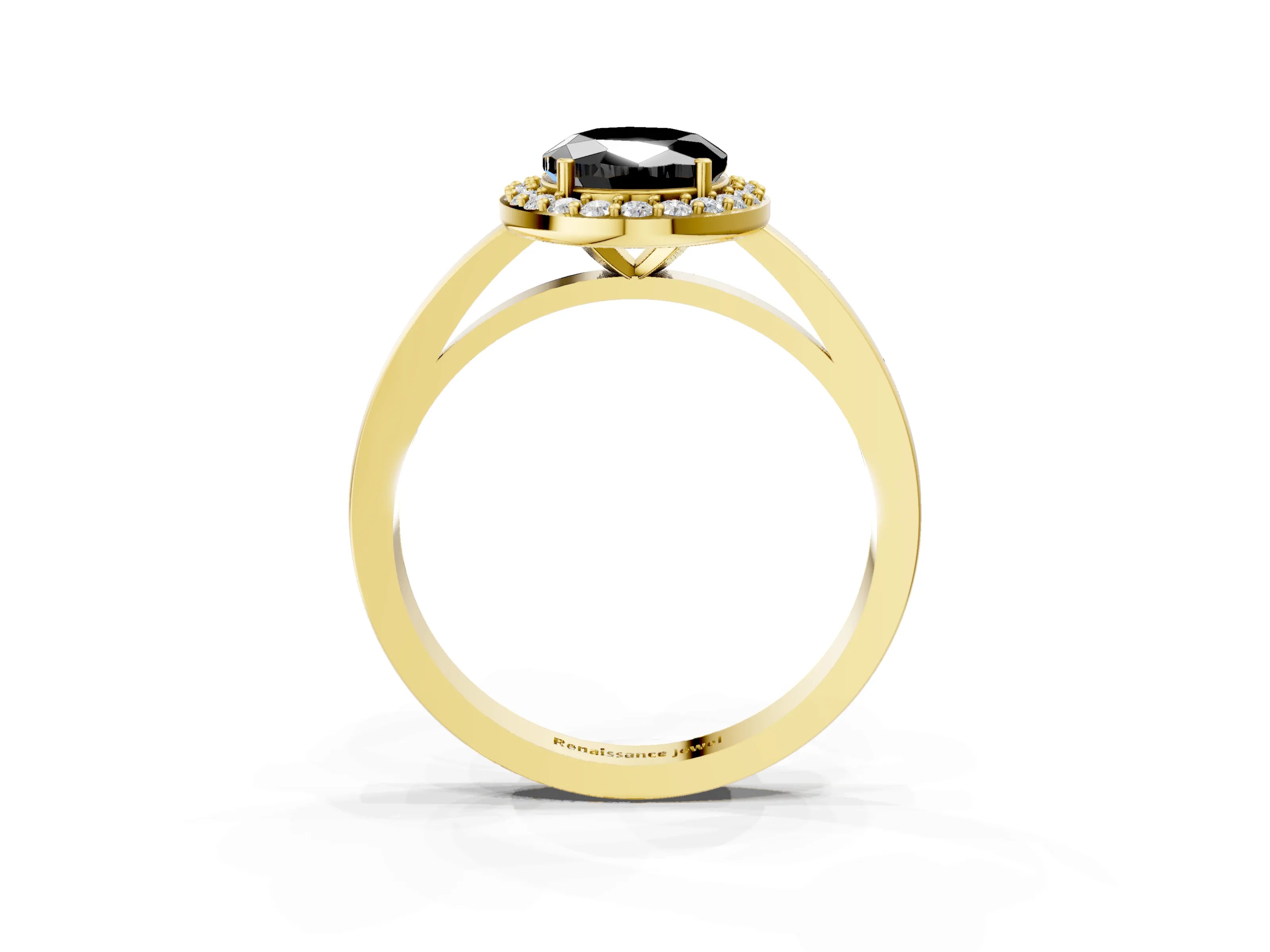 Yellow gold Fancy Black Oval Cut Halo Diamond Ring with Solitaire Band and Prong Setting_3