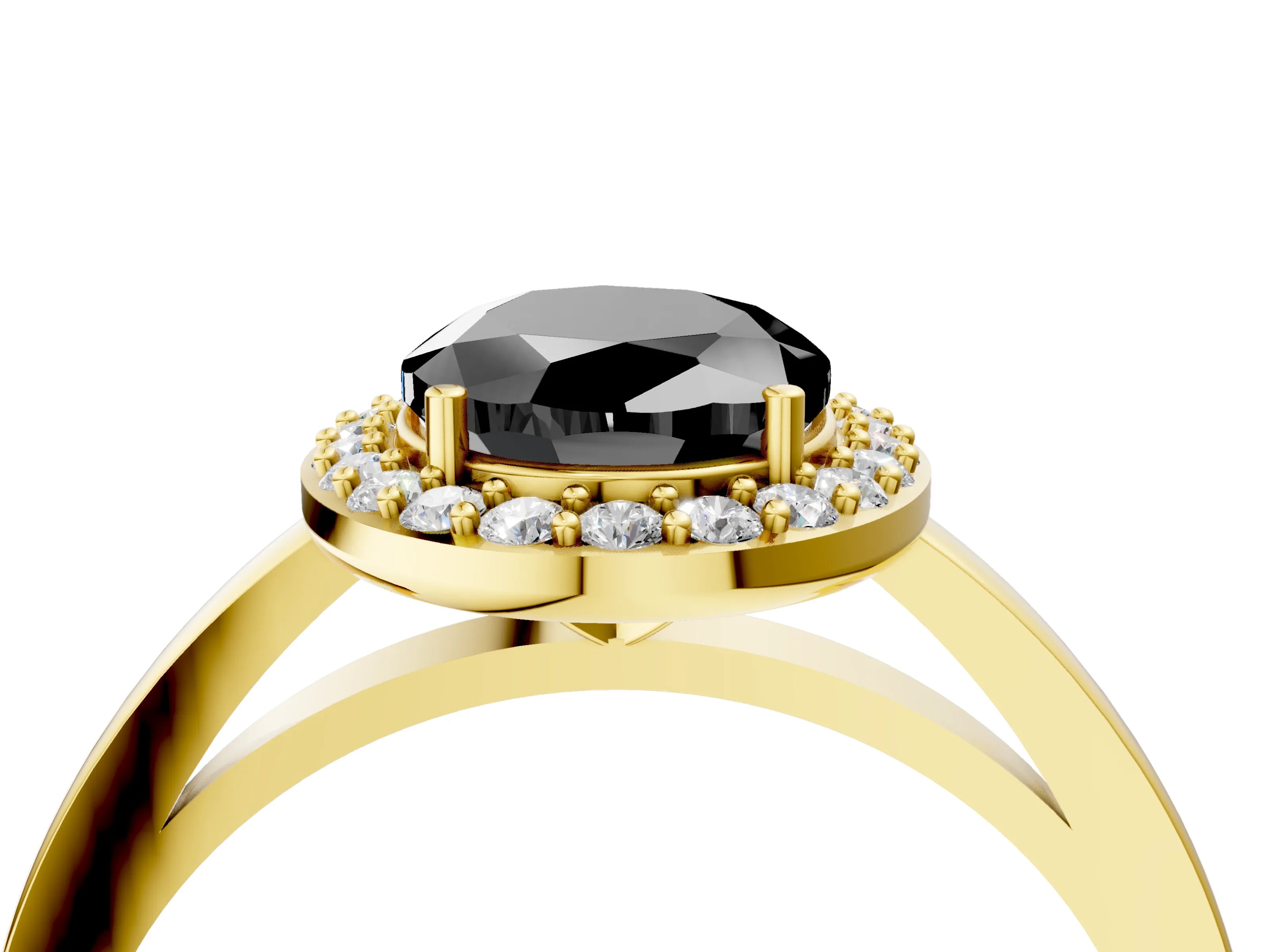 Yellow gold Fancy Black Oval Cut Halo Diamond Ring with Solitaire Band and Prong Setting_4