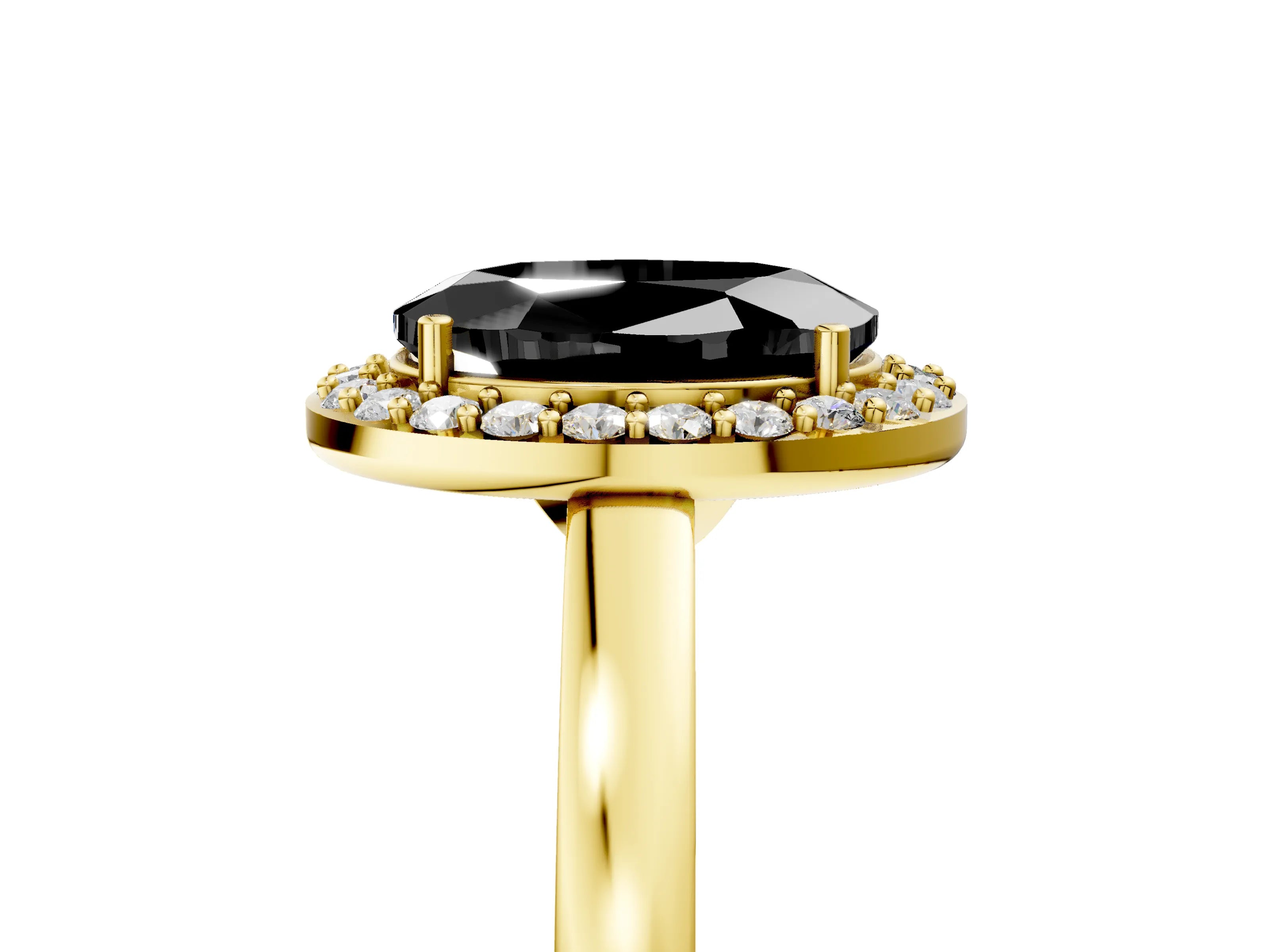 Yellow gold Fancy Black Oval Cut Halo Diamond Ring with Solitaire Band and Prong Setting_5