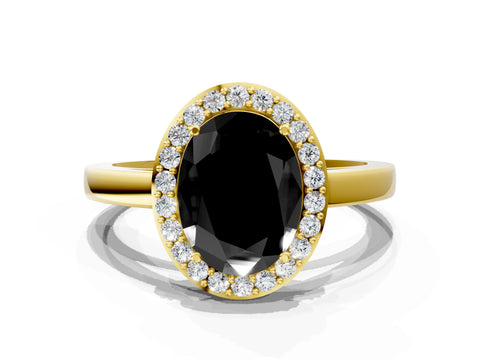 Yellow gold Fancy Black Oval Cut Halo Diamond Ring with Solitaire Band and Prong Setting