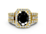 Yellow gold Fancy Black Oval Cut Halo Diamond Ring with Split Shank and Four-Prong Setting