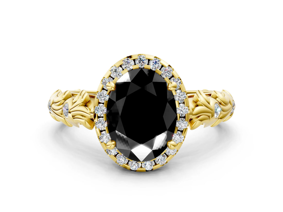 Yellow gold Fancy Black Oval Cut Halo Diamond Solitaire with Filigree Band and Four-Prong Setting_12