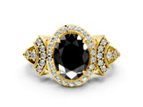 Yellow gold Fancy Black Oval Cut Halo Diamond Split Shank Engagement Ring with Four-Prong Setting