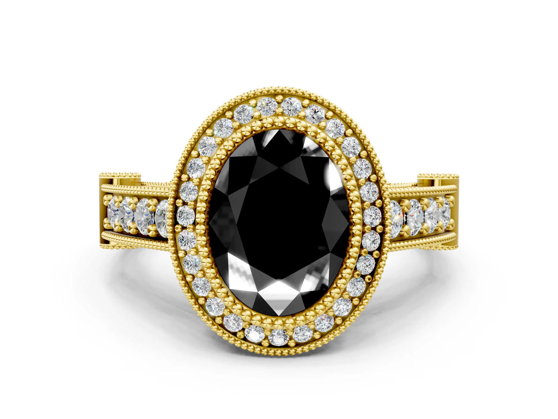 Yellow gold Fancy Black Oval Cut Halo Diamond Split Shank Pave Ring