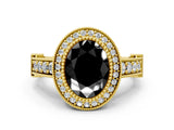 Yellow gold Fancy Black Oval Cut Halo Diamond Split Shank Pave Ring