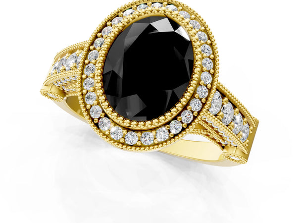 Yellow Gold Oval Vintage Bezel Halo Engagement Ring Setting for Black Center