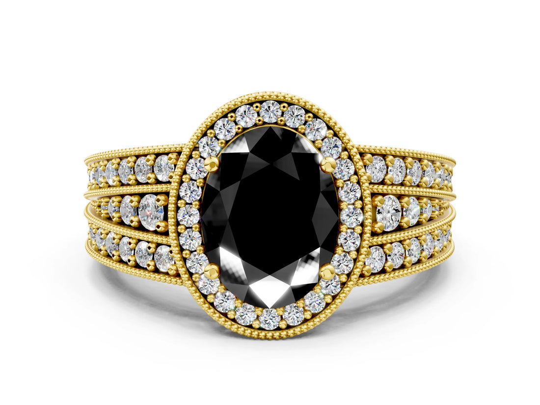 Yellow gold Fancy Black Oval Cut Halo Diamond Split Shank Ring with Prong Setting
