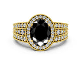 Yellow gold Fancy Black Oval Cut Halo Diamond Split Shank Ring with Prong Setting