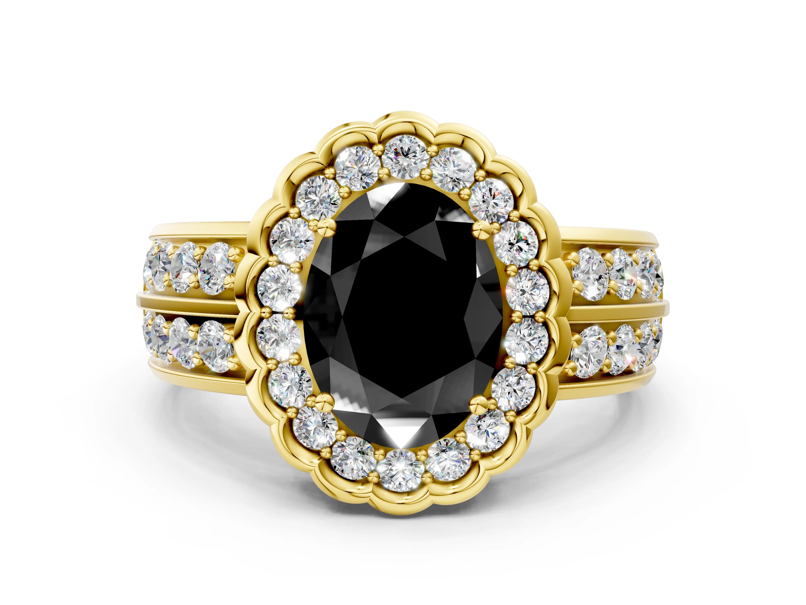 Yellow gold Fancy Black Oval Cut Halo Diamond Split Shank Ring with Scalloped Prong Setting