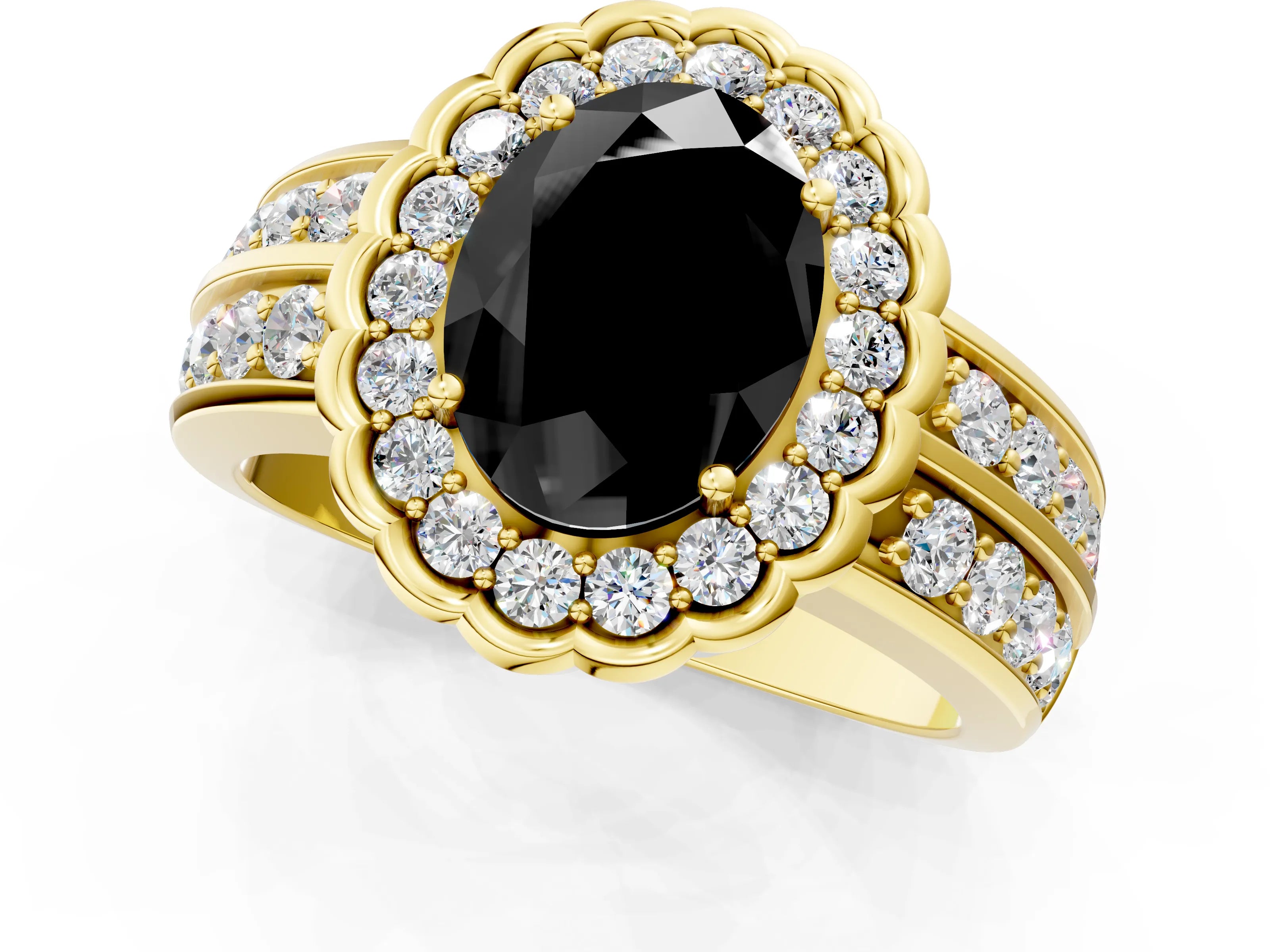 Yellow gold Fancy Black Oval Cut Halo Diamond Split Shank Ring with Scalloped Prong Setting_1