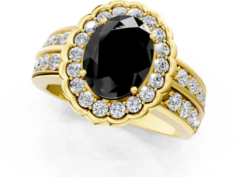 Yellow gold Fancy Black Oval Cut Halo Diamond Split Shank Ring with Scalloped Prong Setting_1