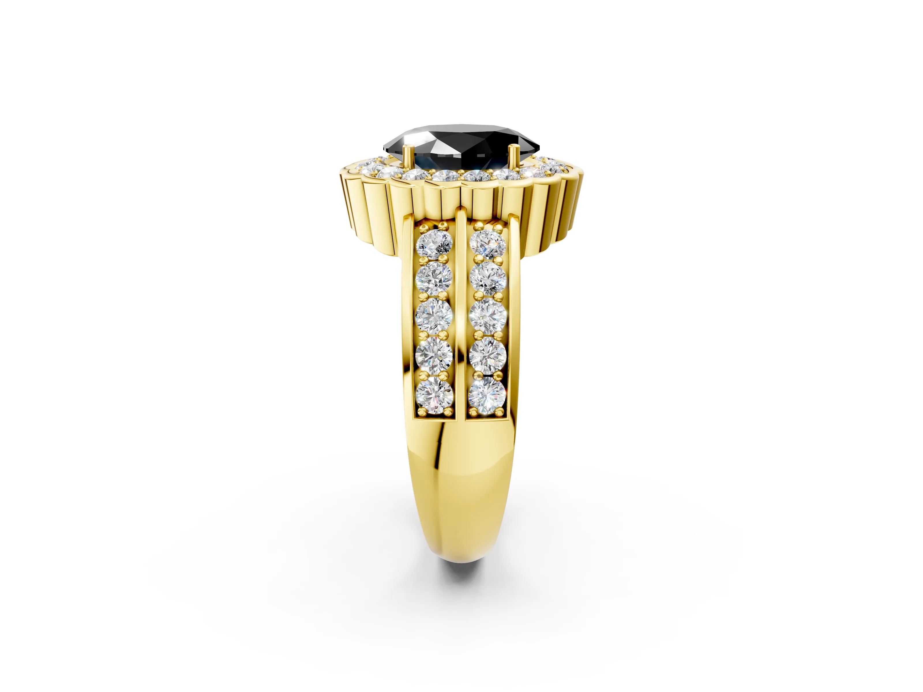 Yellow gold Fancy Black Oval Cut Halo Diamond Split Shank Ring with Scalloped Prong Setting_2